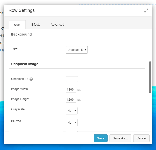 Row Styles Unsplash Settings