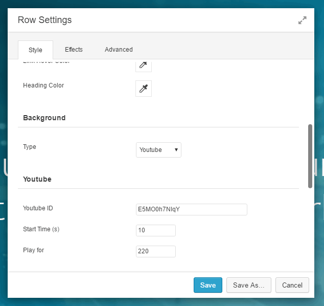 Row Settings Youtube Background